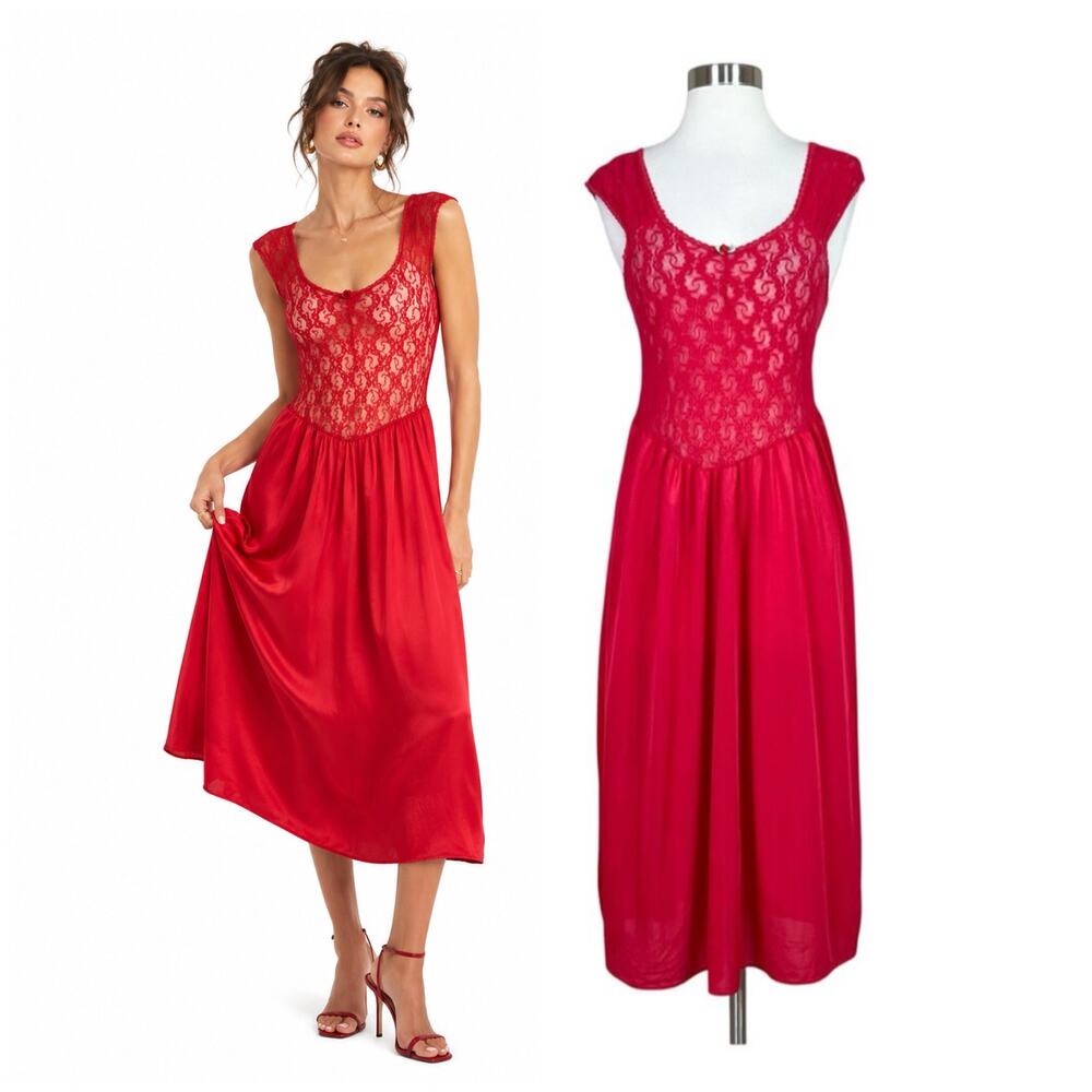 Vintage | 90s Gloria Vanderbilt Red Lace Satin Rosette Midi Slip Lingerie Dress